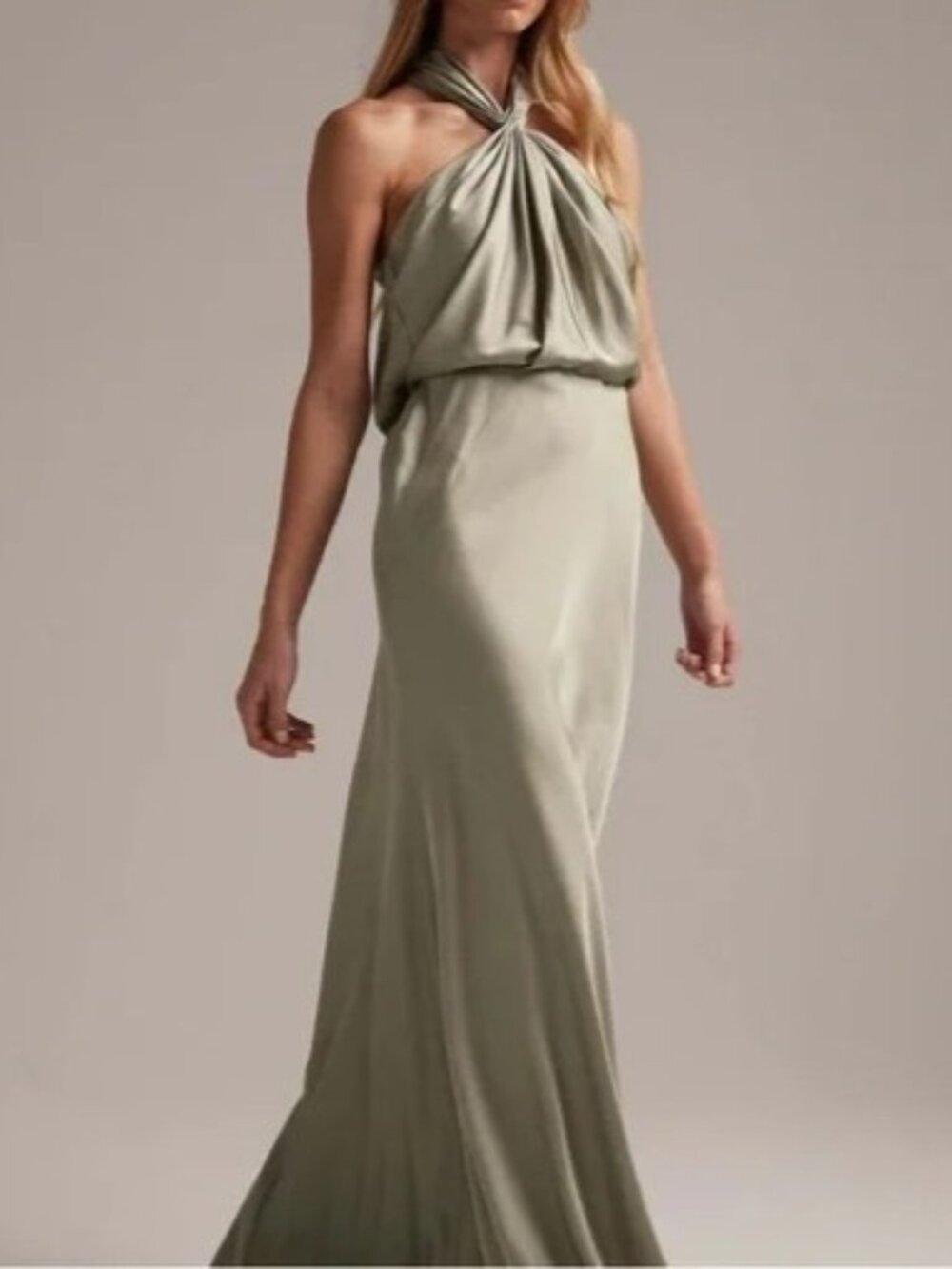 ASOS EDITION Women`s Satin Ruched Halter Neck Maxi Dress in Sage Green size 2